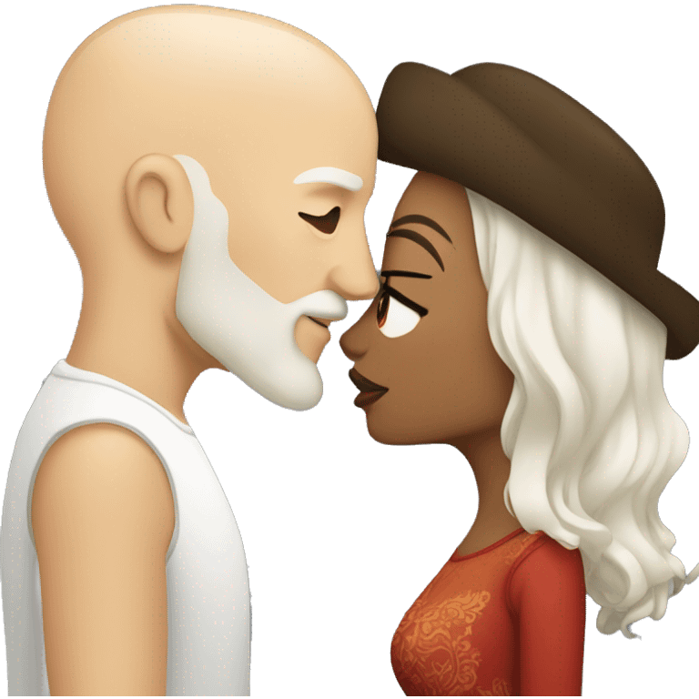 White bald man with dark beard kissing short Mexican woman with long dark wavy hair emoji