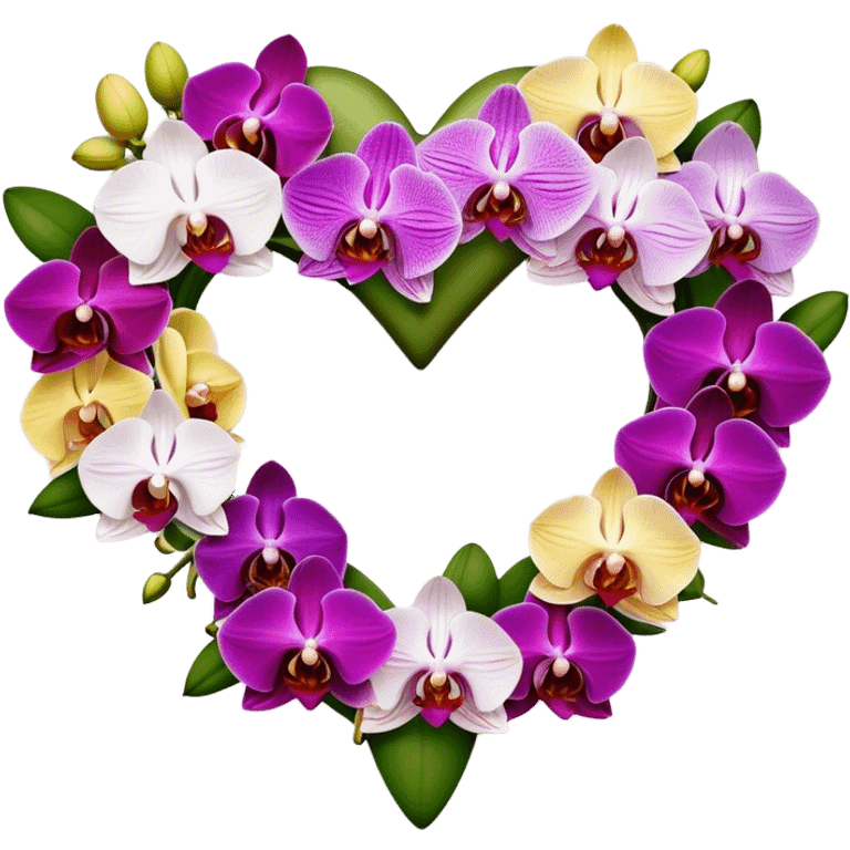 Multicolored ring of orchids in the shape of a heart, many different colors and shapes of orchids emoji