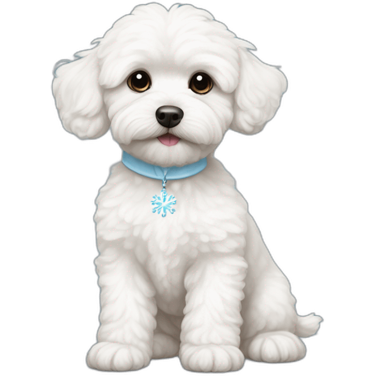 white maltipoo with a light blue snowflake on the nose emoji