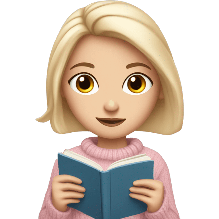 Pretty blue eyed white girl with light pink sweater reading cozy emoji