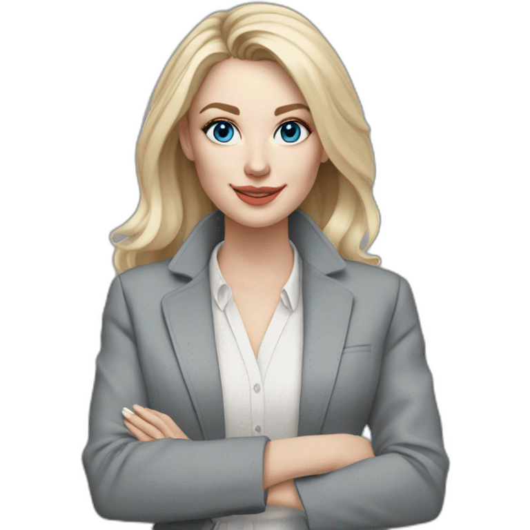 pale skin woman interior designer with cold blonde middle length hair, blue eyes, White blouse, Gray oversize jacket, Gray skirt holding a color palette in the hands emoji