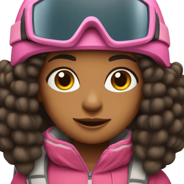 Skier girl with very long black hair brown skin and pink gear  emoji