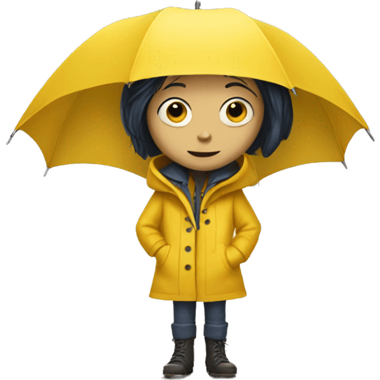 coraline wearing a yellow raincoat and button eyes emoji