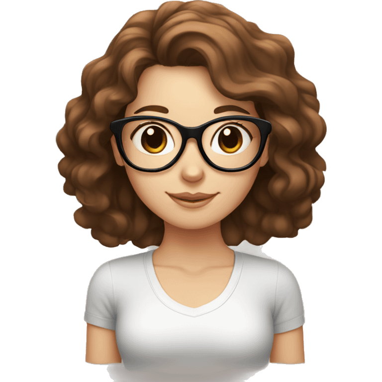 White girl with wavy brown hair, brown eyes and black glasses doing yoga emoji