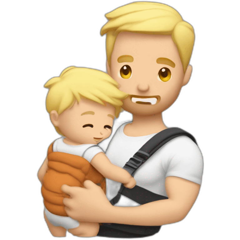 Muscular blonde man wearing a baby in a baby carrier with broad shoulders and short scruffy hair and the back of babies head just visible emoji