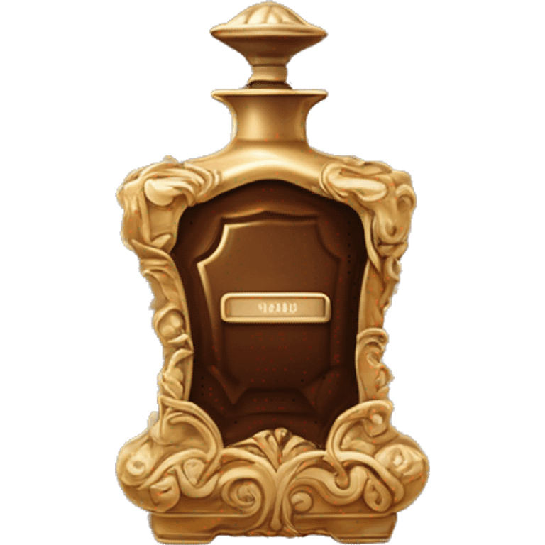 An antique perfume bottle with oil made of bronze and brown crystals, from which white cream and coffee milk flow, yellow flowers of fragrant vanilla lie next to it emoji