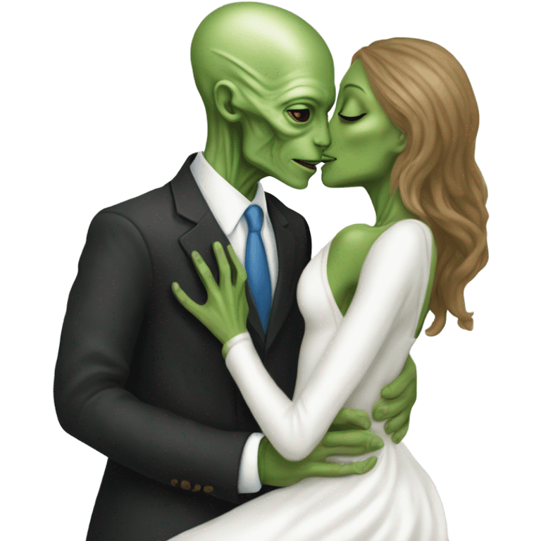 Alien reptilian woman in white dress hugs and kissing "white male human man" emoji