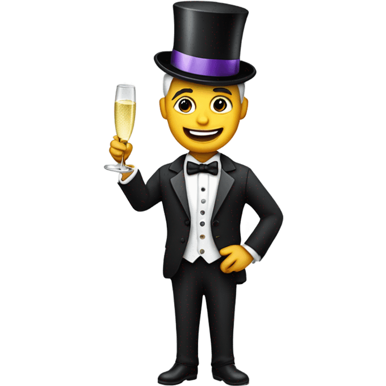 Man in tuxedo winking and holding champagne wearing a birthday hat emoji