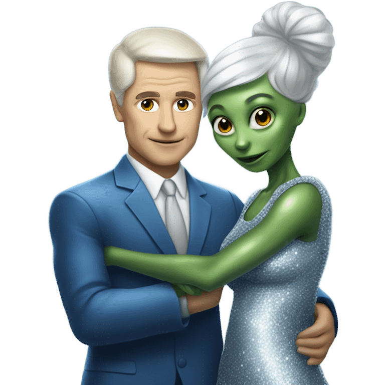 alien reptilian woman in silver dress hugs white man in blue dress emoji