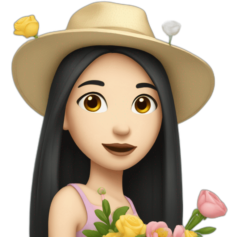 white skin, Girl with a hat, black hair straight to the shoulders, holding a bouquet of flowers emoji