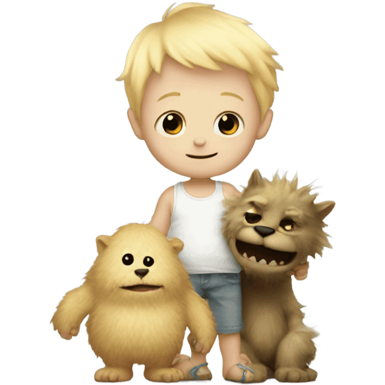 Little blonde baby boy holding the hand a giant furry monster emoji