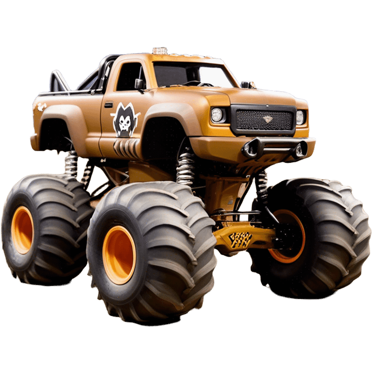 Monster Mutt - Monster Jam (Model Year: 2021) (Iconic colour: Brown with dog features) - A unique monster truck with playful, dog-inspired design cues. The vehicle is painted in warm brown tones and features subtle dog motifs (such as a stylized snout or ear shapes). It should blend the rugged power of a monster truck with quirky, endearing canine features. emoji