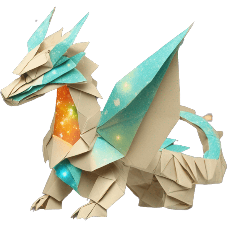 Sparkling patterned Beige Origami dragon with a dried flower crown made of newspapers intricate patterns surrounded by fairy lights nebula galaxy stars swirls iridescent orange cyan yellow emoji