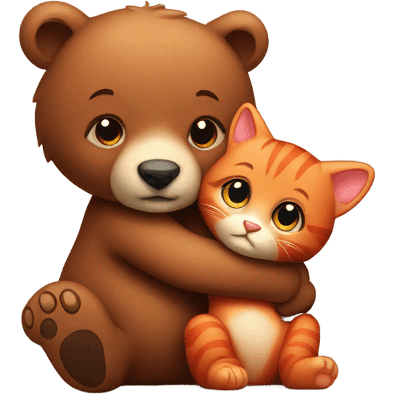 brown bear cub hugs red cat emoji