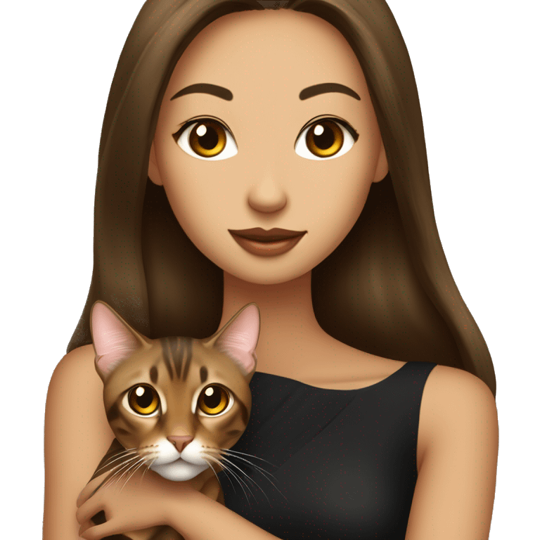 Beautiful skinny woman long dark brown hair in dark dress with gold earrings hug bengal cat emoji