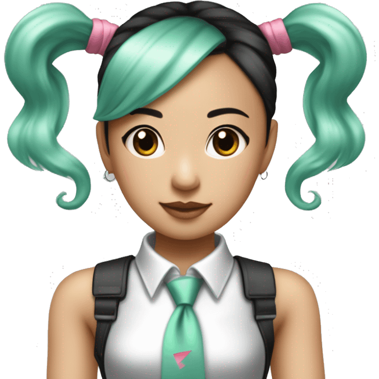 An Asian girl with long mint colored twin ponytail wearing a sleeveless silver shirt, a mint colored tie, and a black flared arm sleeve with a red 01 tattoo on her left arm has a pink square with a black border running through each ponytail emoji