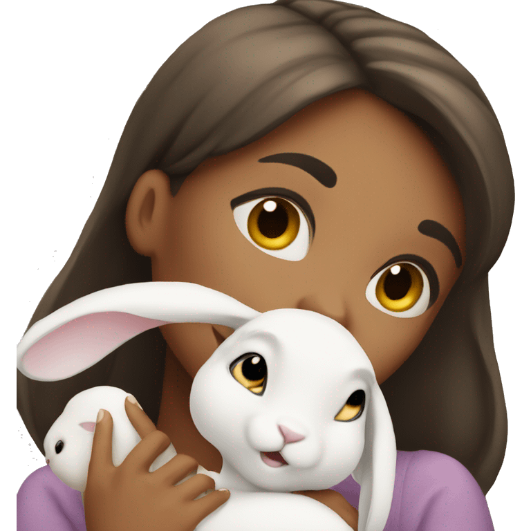 brunnete girl holding a white bunny emoji