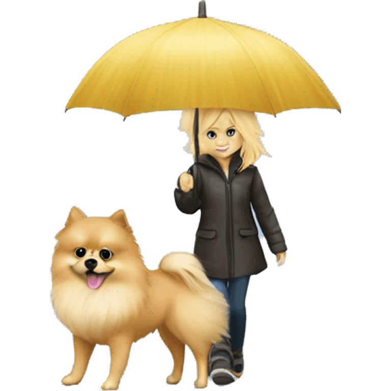 Blonde girl walking pomeranian under the rain emoji