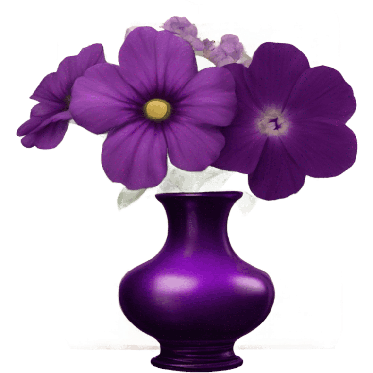 An aesthetic arrangement of a violet vintage book and dark magenta flowers in a light violet glass vase, surrounded by antique letters emoji