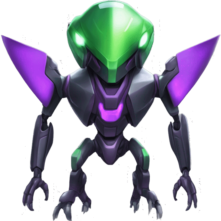 a shiny black-green-purple Genesect-Raptor-Fakémon-Medabot-hybrid with a futuristic visor-helmet full body emoji