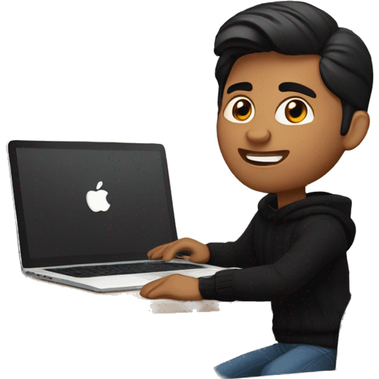     memoji of a man with a laptop in front, apple-style,modern,dark hair,black sweater,computer in hand, indian brown skin, sitting on his desk emoji