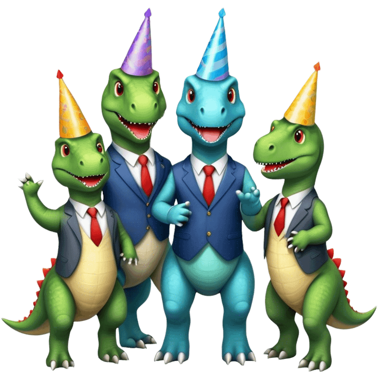 three office dinosaurs in office suits celebrating birthday emoji