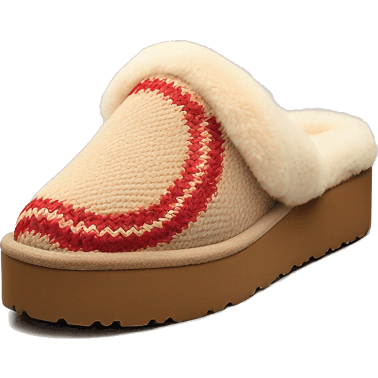 Camel slip-on slippers. red thin woven zig-zag line only encircling the top opening, and a chunky thick platform sole. “UGG” emoji