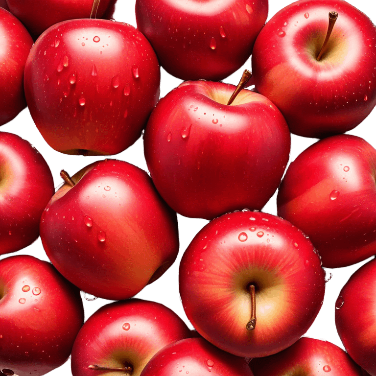 Cinematic crisp, shiny red apples, glistening under soft natural light, perfectly round with tiny water droplets, warm rich hues, highly detailed and fresh. emoji