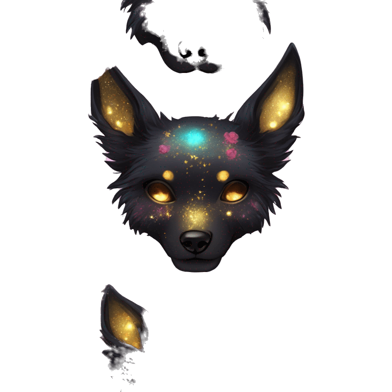 Black iridescent fluffy dog fox head skull zombie skull skeleton gold mechanical steampunk raven wings nebula galaxy stars colorful flowers fairy lights vintage emoji