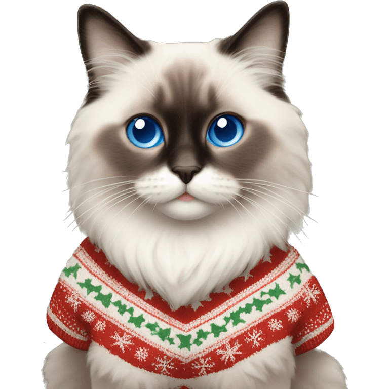 Ragdoll with blue eyes wearing a christmas sweater emoji