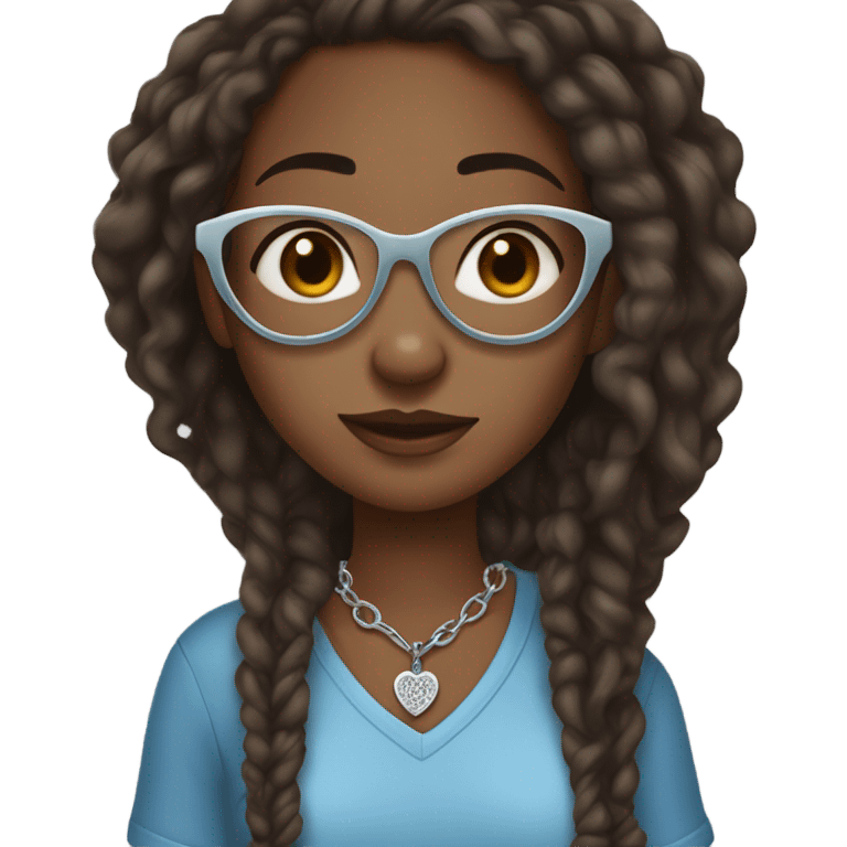 Dark brown skin girl with locs clear framed glasses blue shirt freckles silver necklace with heart  emoji