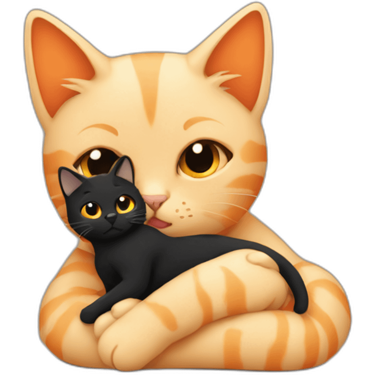 one beige cat and one black and orange cuddling emoji