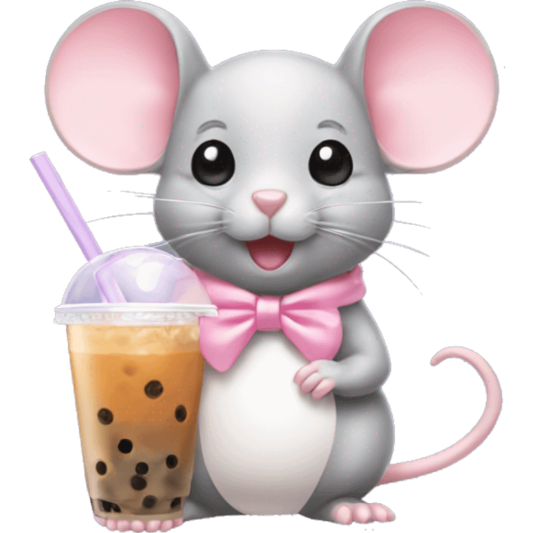 Mouse with a light pink bow on its head drinking bubble tea emoji