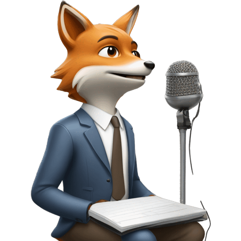 Anthropomorphic fox journalist in casual dress interviewing with mic emoji