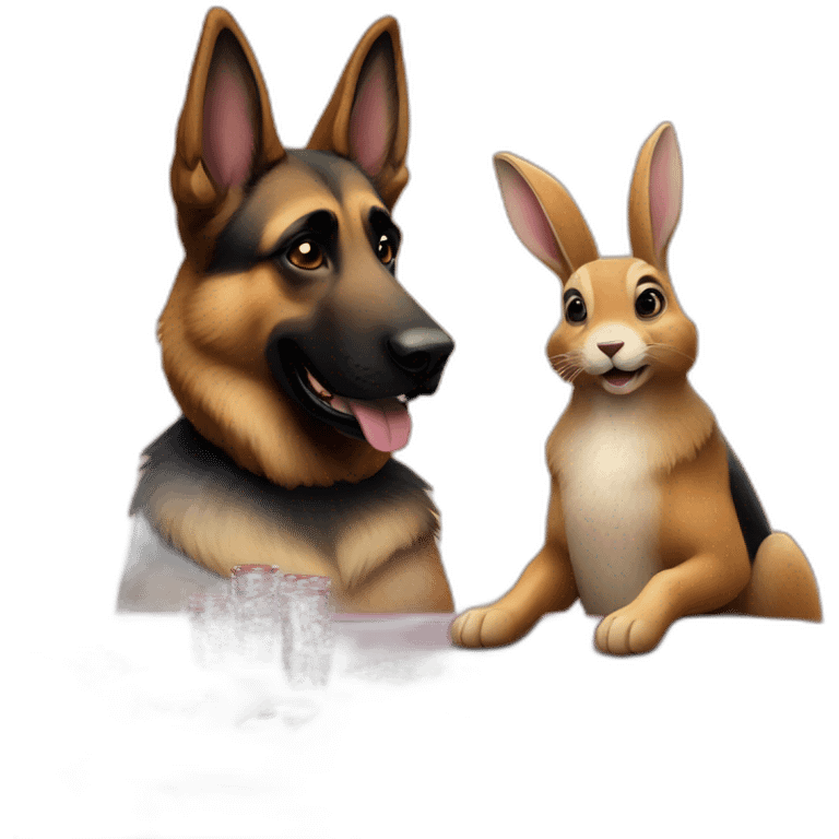 A German shepherd and a rabbit playing poker emoji