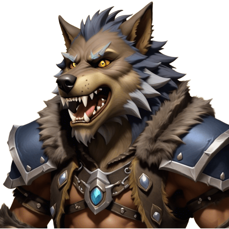 Cinematic Realistic WoW Worgen Portrait, head tilted dramatically with an exaggeratedly amused expression, blending ferocious beastliness with a touch of unexpected humor. His rugged fur, tanned skin, and worn leather garments are rendered with meticulous detail and dynamic lighting, high shine, dramatic yet whimsical, capturing the essence of a worgen whose epic might is tempered by a playful, irreverent charm. emoji