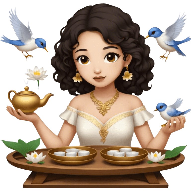 Light skin girl, half long curly dark hair, gold jewelry, white dress, feeding birds with wooden tea ceremony tray with lotus flower emoji