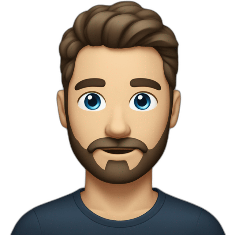 White man with a sun kissed tan and blue eyes. His hair is dark brown, styled sideways backwards. He has a beard and mustache trimmed. Wears a black t-shirt, Apple pencil behind his ear. emoji