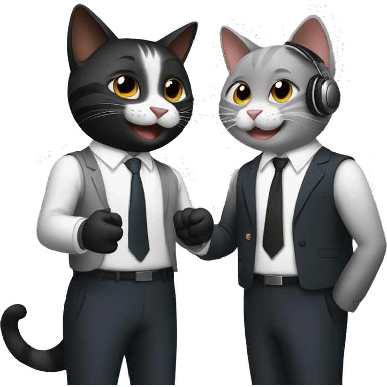 Two dark colored, happy cats, shaking hands in suits with headphones on.   emoji