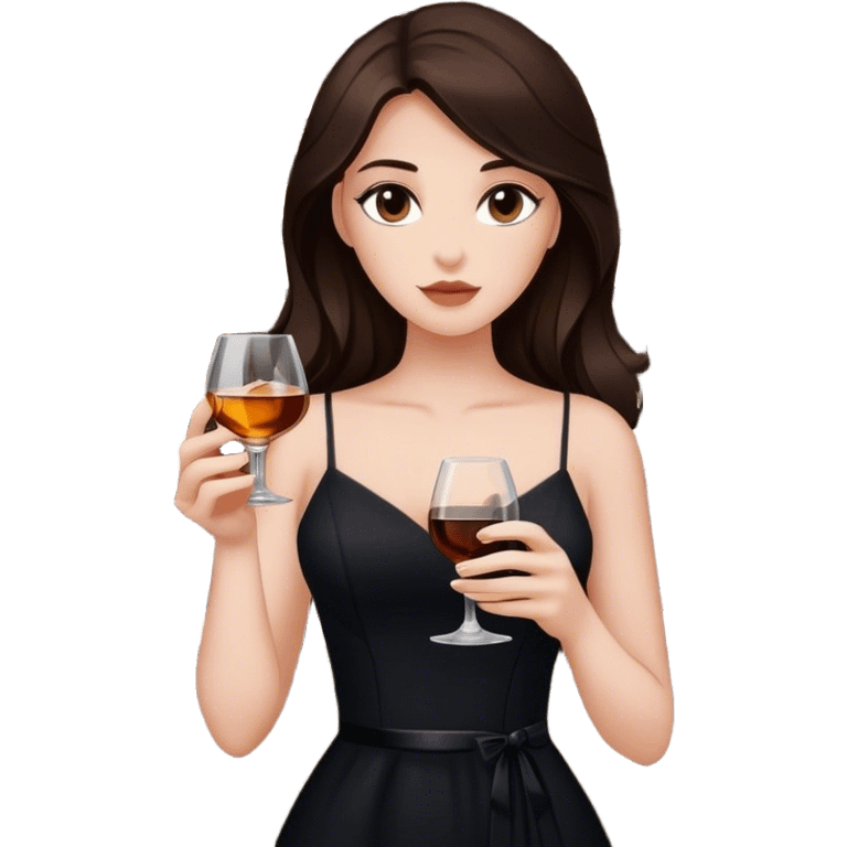 Beautiful woman in 1950’s woman fashion look, black dress, long dark brown hair, whisky with ice emoji