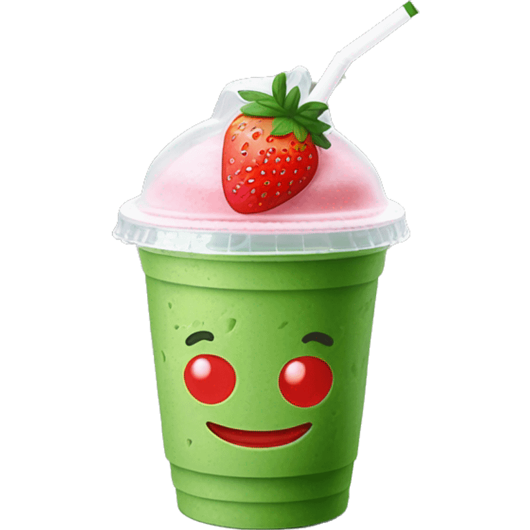 Strawberry iced matcha in takeaway plastic cup with flat lid and straw emoji