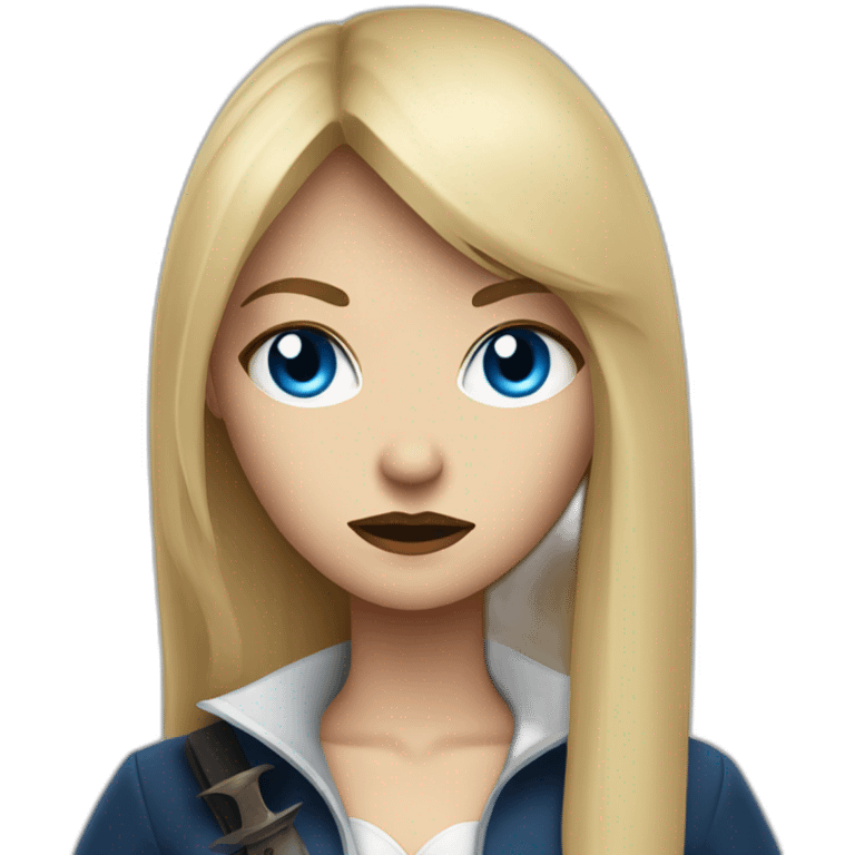 beautiful vampire woman with long blonde hair and blonde straight bangs and blue eyes wielding knives serious expression emoji