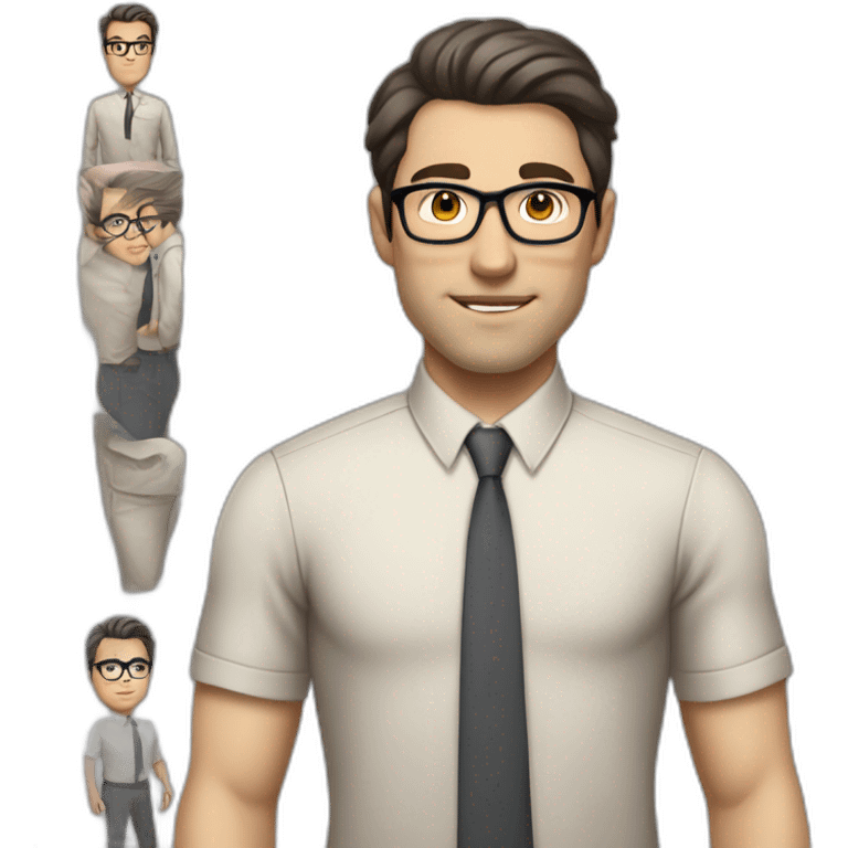 Full height Pale skinned Fit Man With dark brown hair in classic gray suit, beige office shirt, dark gray tie, and vintage glasses. His hands lock emoji