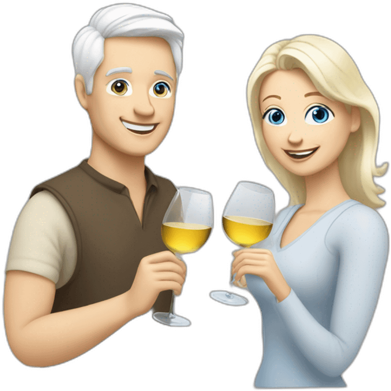 white man with blue eyes and grey hair and white woman with brown eyes and blond hair toasting with each other with two white wine emoji