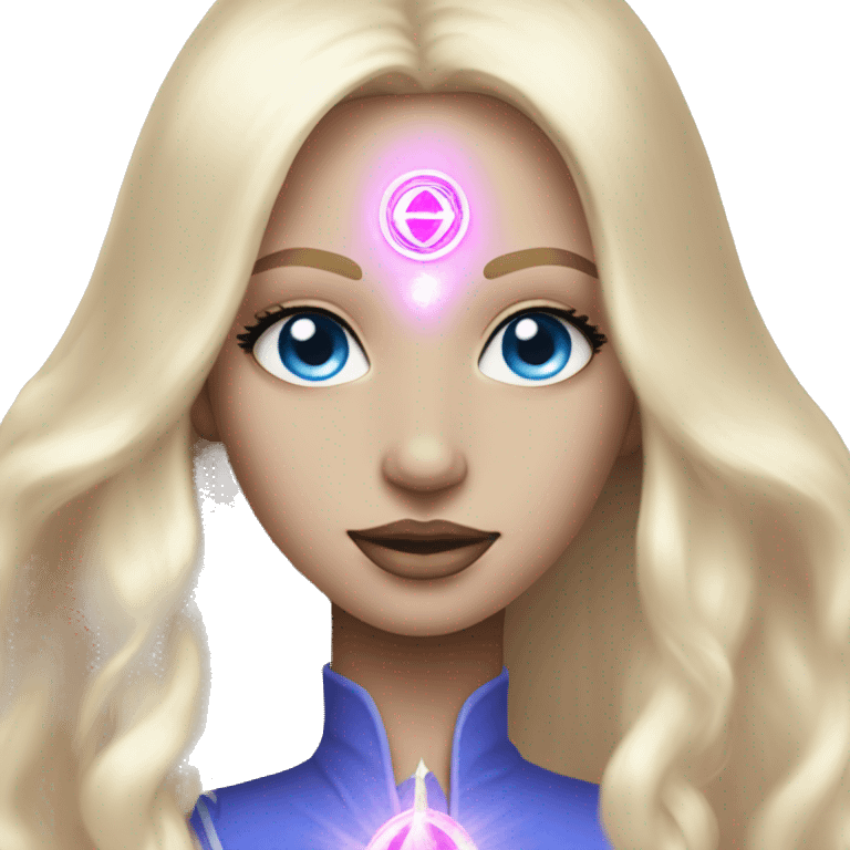 magical diva with thin pink andromedan face long blonde hair and blue eyes glowing third eye emoji