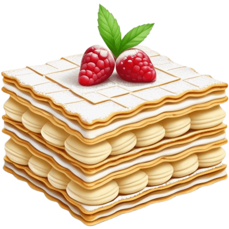 Cinematic delicate mille-feuille, thin crispy pastry layers filled with smooth vanilla cream, dusted with powdered sugar, elegant presentation, highly detailed and sophisticated. emoji