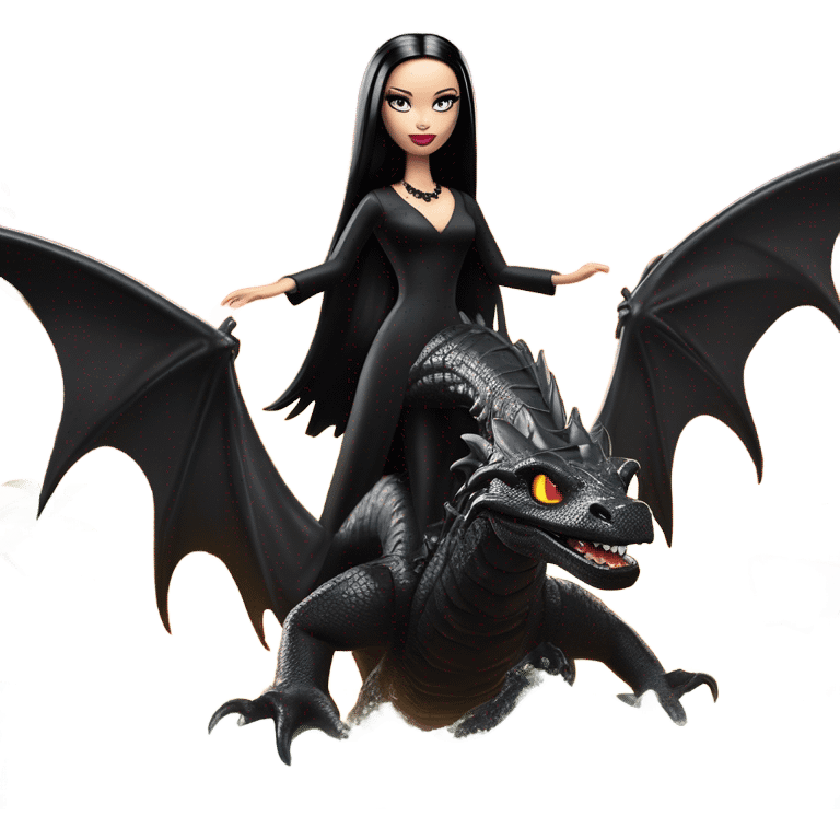  beautifully dressed teen Morticia Addams beach Barbie Jedi flying on the back of a very large black shiny evil-looking fire-spewing dragon. proper scale emoji