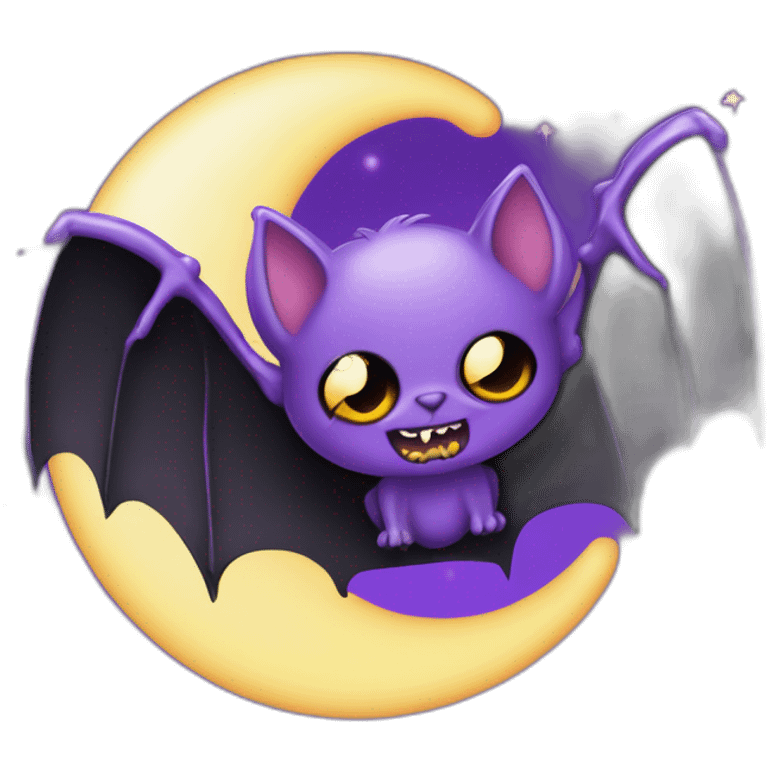 purple and black mad face vampire bat cartoon sparkle eyes wings flying in front of large dripping crescent moon emoji