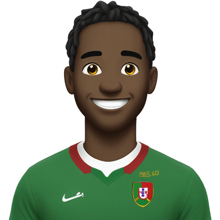  Young black man- super short black dread locks-  low eyebrows - low eyes - no facial hair laughing Portugal jersey lean crazy smile  emoji