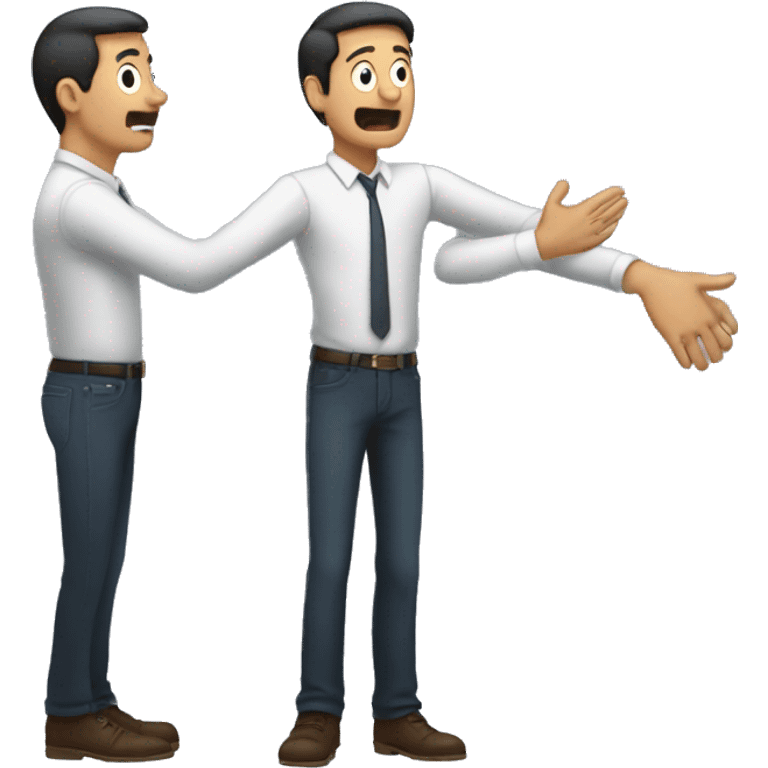 a man standing with another man in front of him that is trying to grab something, the two are close and facing the same side emoji